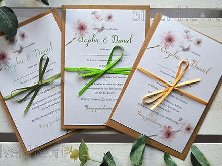 cherry blossom invitation with bows in Foliage, Emerald and Gold